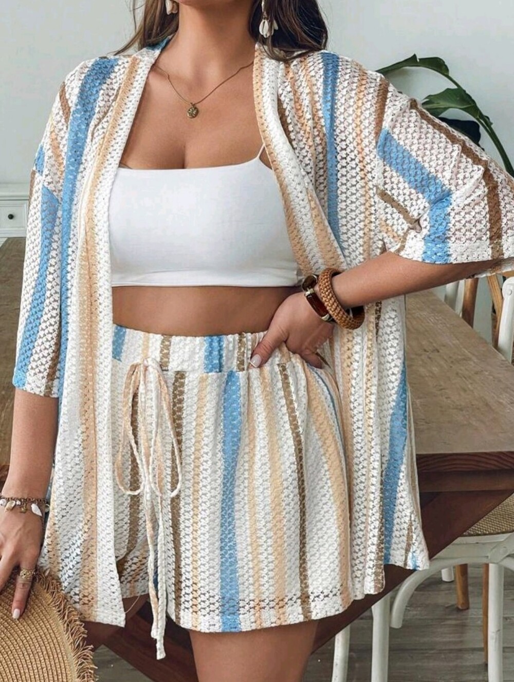 SHEIN Striped Knit Two-Piece Coverup - Blue, Cream & Tan